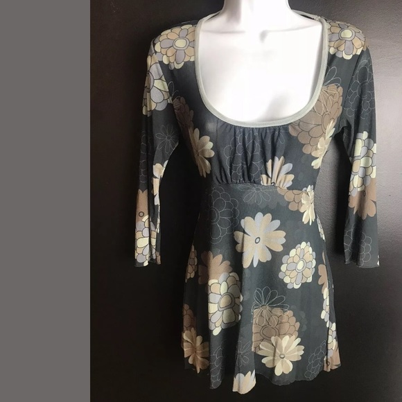 SWEET PEA Stacy Frati Floral Mesh Top Blouse Shirt Gray Tan Scoop Neck Tie Waist - Picture 8 of 8